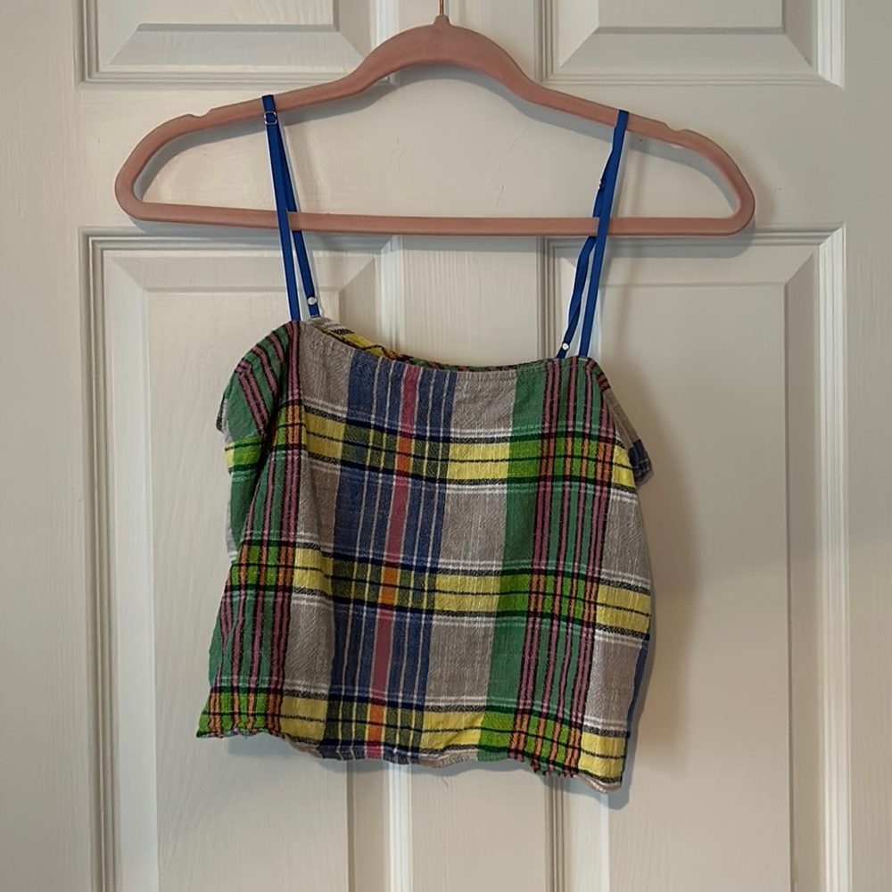 Urban Outfitters plaid crop top with adjustable blue straps